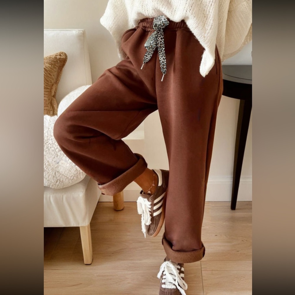 1089. Fleece lined animal print drawstring pant chocolate brown